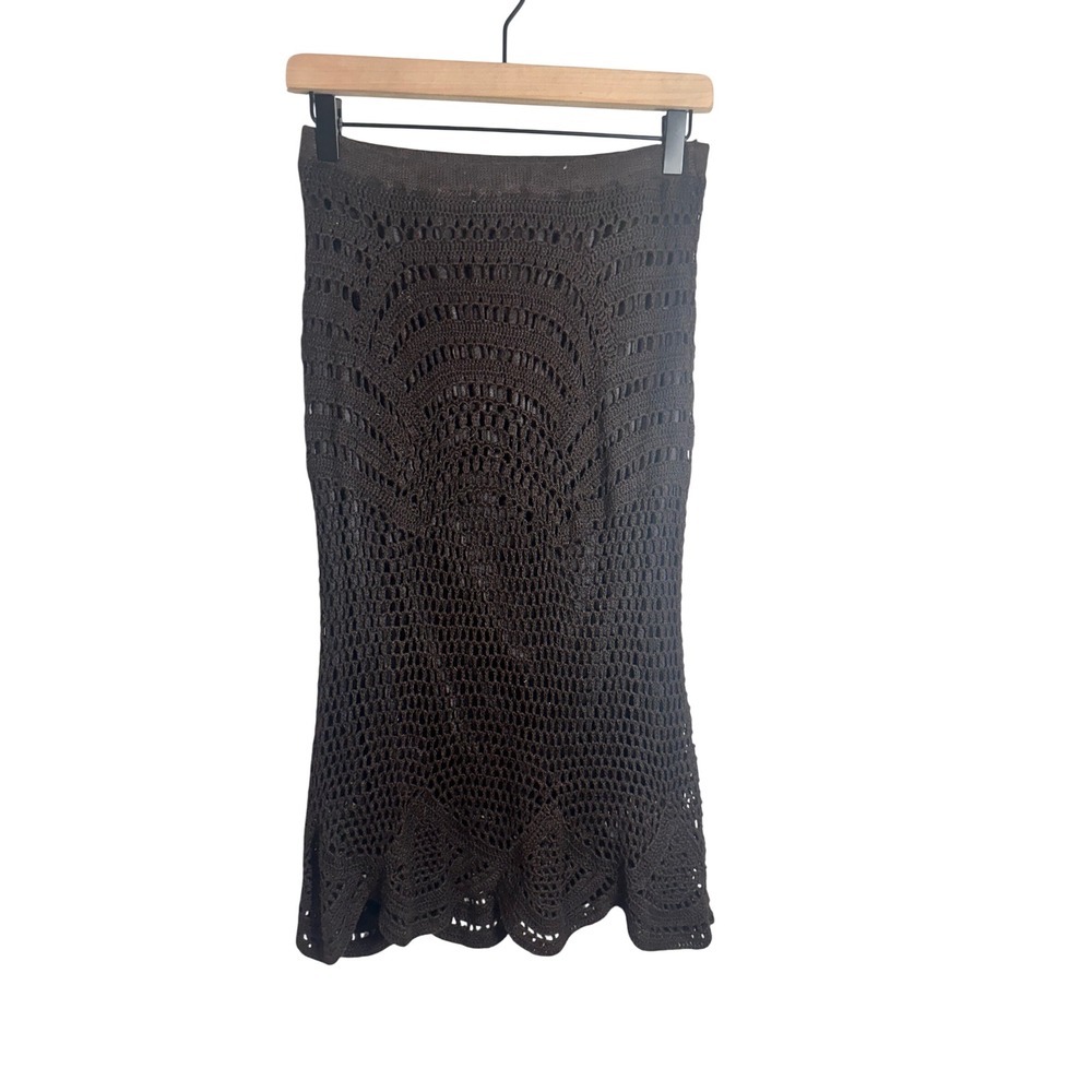 Bandolino Brown Crochet Open Knit Y2K Midi Skirt Scalloped Hem Lined Small Boho